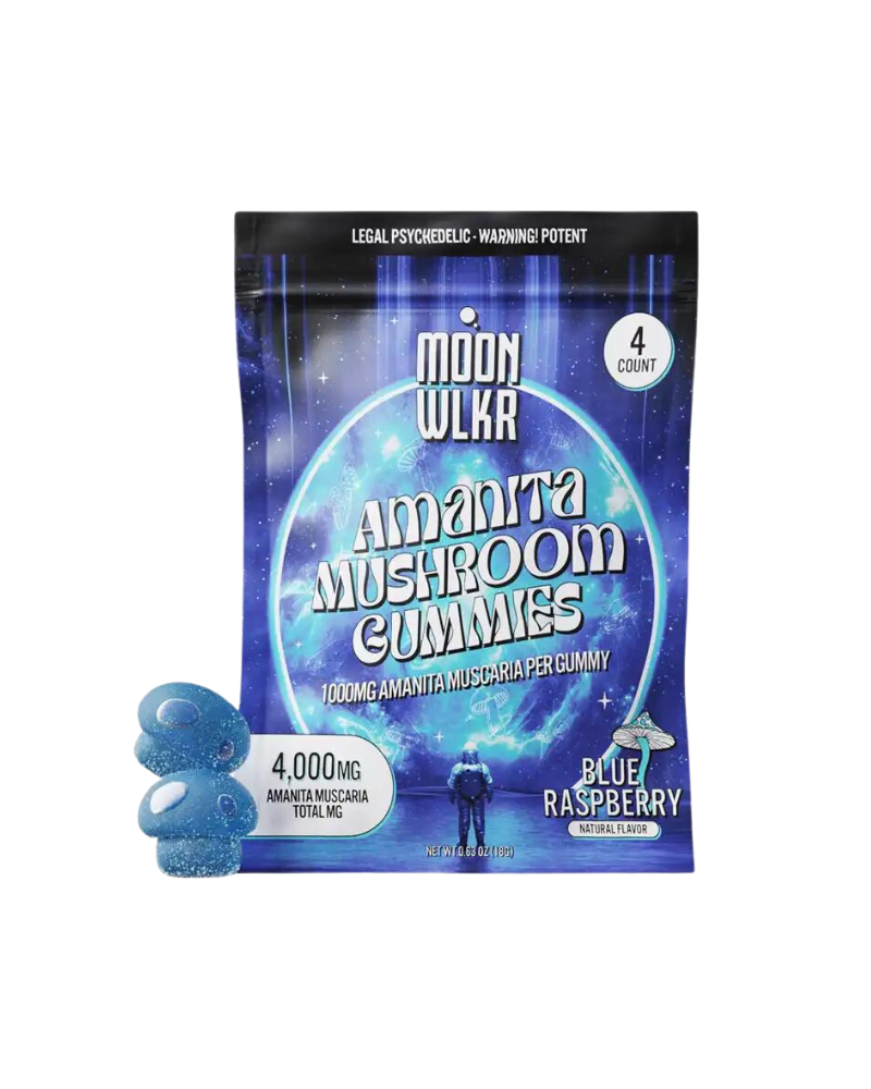 The packaging of Moonwlkr's Amanita Gummies, which provide a legal psychedelic experience, showcases a blue cosmic design. Each gummy is flavored with blue raspberry and contains 1000mg of Amanita extract, amounting to a total of 4000mg of Amanita Muscaria across the four gummies.