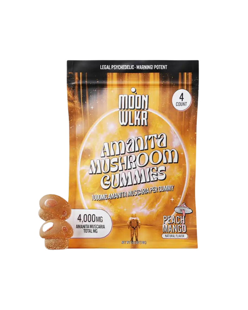 Packaging of Moonwlkr's Amanita Gummies Mushrooms in peach mango flavor contains a total of 4,000 mg 

Amanita Muscaria. The warning label emphasizes the potent and legal psychedelic experience due to the 1000 mg 

Amanita extract per serving.
