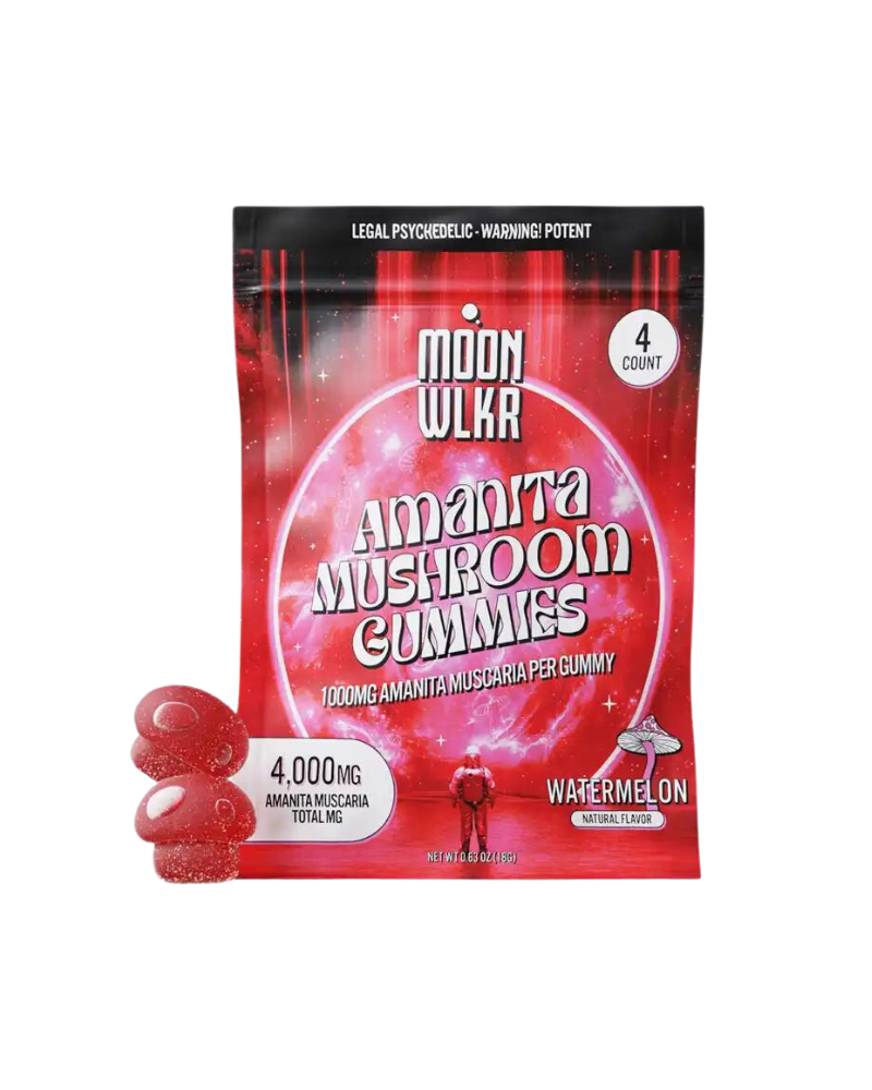 Embark on a legal psychedelic adventure with Moonwlkr's Amanita Gummies. Each gummy, bursting with watermelon flavor, contains 1000mg of powerful Amanita extract, totaling 4000mg per pack. A prominent warning label ensures you're well-informed before starting this unique experience.