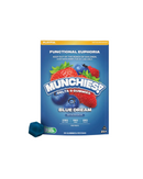 A blue bag labeled "Delta Munchies Munchies Euphoria Delta 9 Gummies Blue Dream" shows berries, dosage info, and one gummy in front. Made with US grown hemp, Farm Bill compliant. For ages 21+.