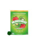 A green bag labeled "Munchies Euphoria Delta 9 Gummies" by Delta Munchies, featuring strawberry and kiwi images, dosage info, and a green gummy. Made with US grown hemp and compliant with the Farm Bill for trusted quality.