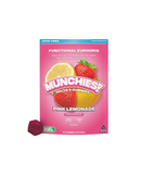 A pink package labeled "Munchies Euphoria Delta 9 Gummies" by Delta Munchies, with lemon and strawberry images plus a gummy beside the bag, made from US Grown Hemp and fully Farm Bill Compliant.