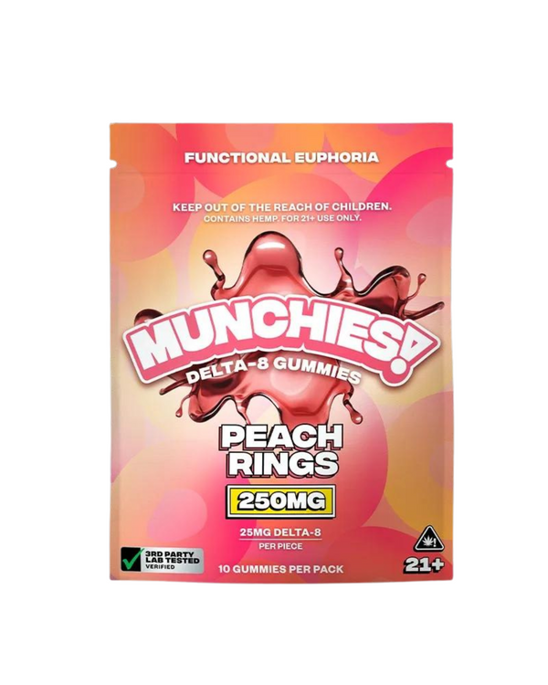 A package of Delta Munchies Munchies Delta 8 Peach Rings | 250mg with 25 mg per piece. Made from premium American hemp, the pink and orange packaging is designed for 21+ users, with a clear warning to keep out of reach of children.