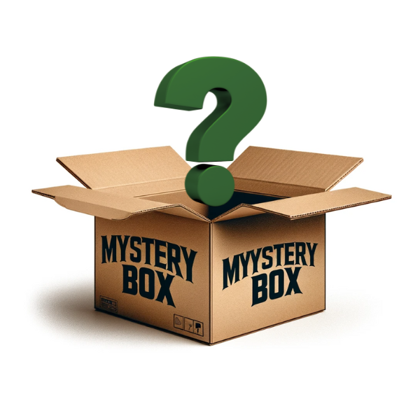 An open cardboard box labeled "Everyday Delta Mystery Box" with a large green question mark hovering above it, hinting at the delightful surprise of Delta 9 gummies inside.