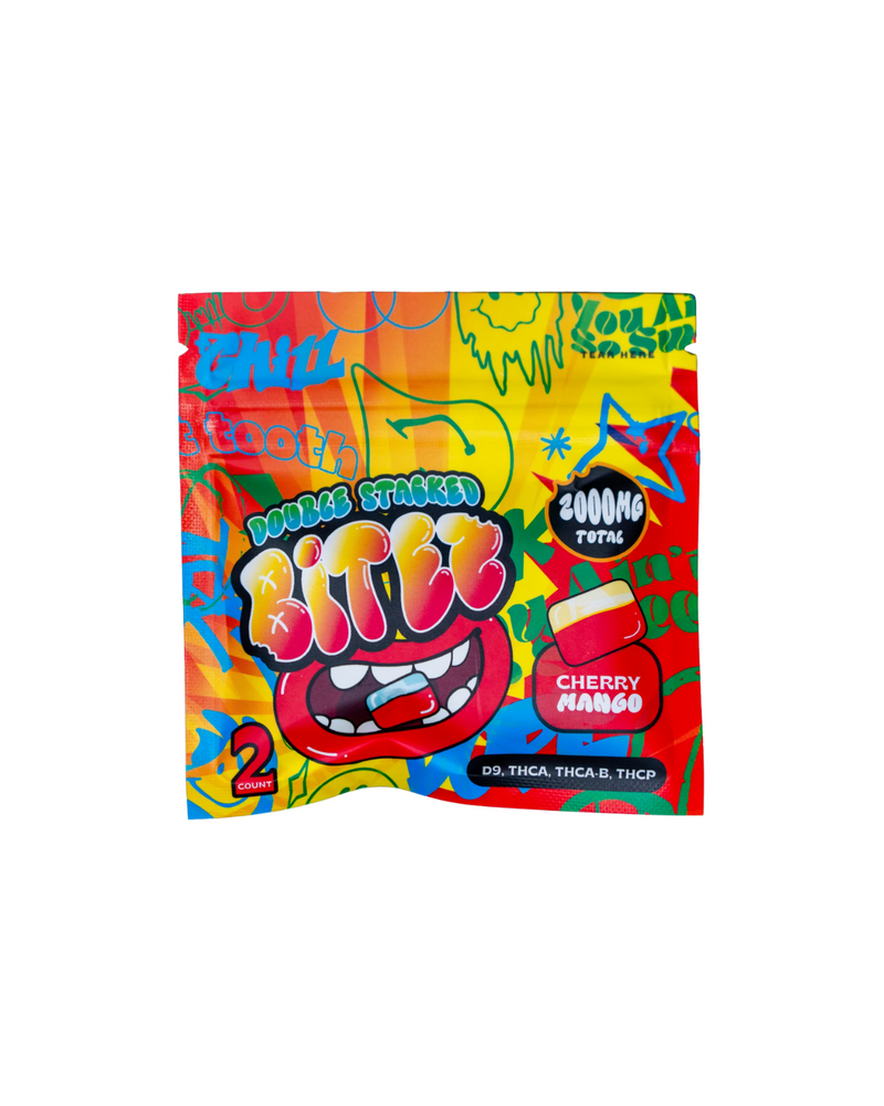 The brightly colored candy packaging is labeled "Ocho Extracts Bitez Gummies 2ct," featuring a cherry mango flavor, infused with THCA and offering a substantial 2000mg dosage.