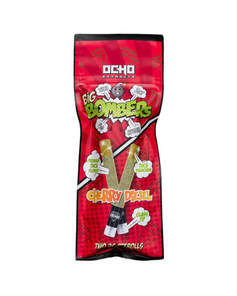 The "Big Bomber" THCA Pre Rolls by Ocho Extracts come in red packaging and include two cherry diesel-flavored glass tip prerolls infused with THC-a diamonds and dusted with CBG kief.