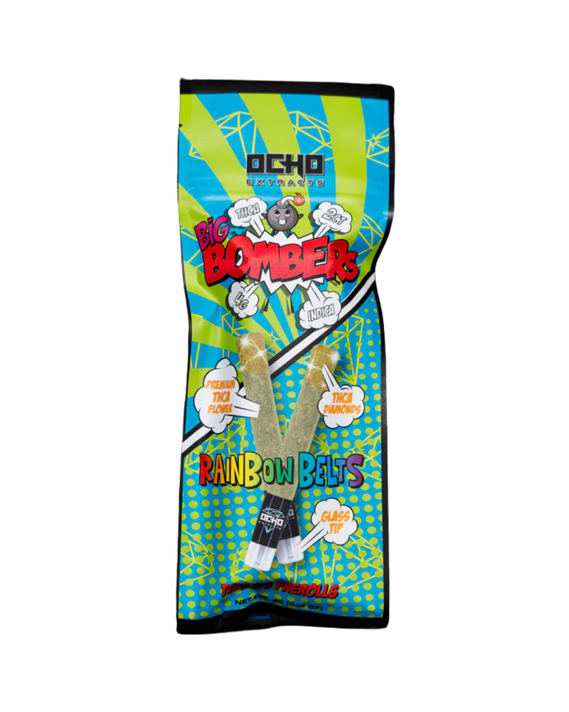 Introducing the Ocho Extracts Big Bomber THCA Pre Rolls, offered in a 4g pack with colorful packaging featuring vibrant graphics and equipped with glass tip prerolls for a smooth experience.