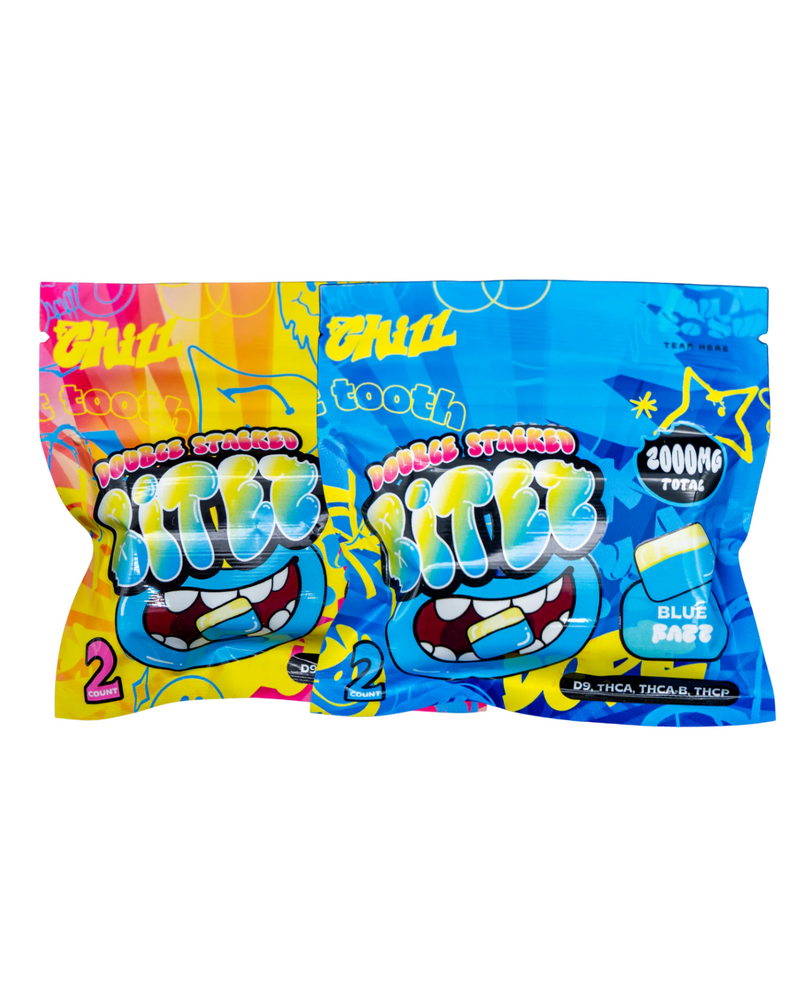 Two packaged bags of edible products labeled "Ocho Extracts Bitez Gummies 2ct," featuring blue raspberry "Tooth Cheesed Bites," contain 2000mg of Delta-8 THC, THCA, THC-H, and THC-JD. These are infused with a hint of Delta-9 for an extra buzz.