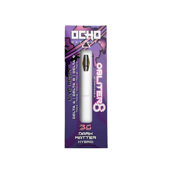 The image shows a purple and black box containing a white Ocho Extracts Obliter8 Disposable | 3g vape pen labeled "Ocho Extracts" with a "3G Dark Matter Hybrid" indication, featuring premium live resin.