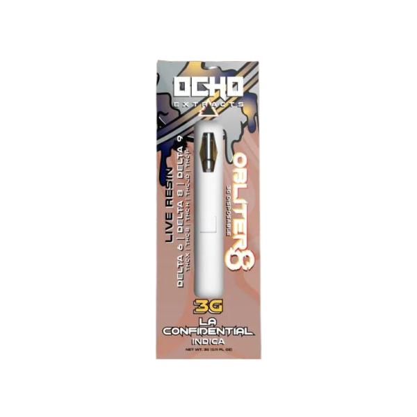 A packaged vape pen labeled "Ocho Extracts Obliter8 Disposable | 3g," featuring details like "Live Resin," "Delta 8," "Delta 9," "3G," and "LA Confidential Indica." The white pen showcases visible branding, highlighting its premium Delta 8 live resin extract.