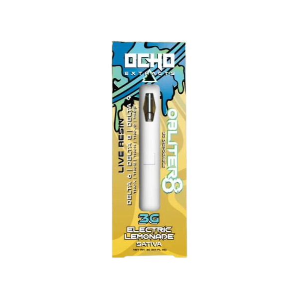 A vape pen in white packaging labeled "Ocho Extracts Obliter8 Disposable | 3g," featuring Delta 8, Delta 10 THC, and THC-P with the strain "Electric Lemonade Sativa," and indicating it contains 3 grams of live resin.