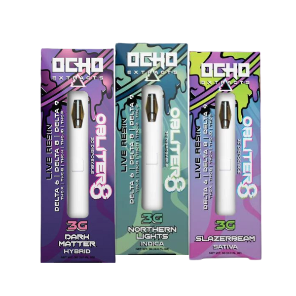 Image of three packaged Ocho Extracts Obliter8 Disposable | 3g products. Labels read: "Dark Matter Hybrid," "Northern Lights Indica," and "Slazerbeam Sativa." Each package contains 3 grams of live resin with Delta 6, Delta 8, and Delta 10 extracts.