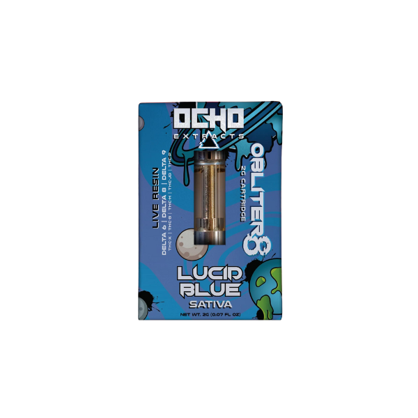 A boxed cartridge of Ocho Extracts Obliter8, labeled as "Lucid Blue Sativa," showcases vibrant design elements and offers a premium blend of cannabinoids for the discerning enthusiast.
