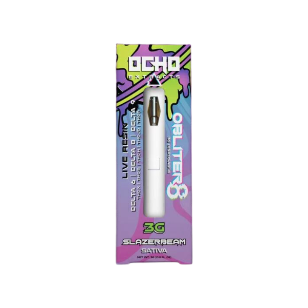 A white vape pen in vibrant packaging labeled "Ocho Extracts Obliter8 Disposable | 3g," featuring "Delta 8 THC," “THC-P," "Sativa," and "Slazerbeam." The box also mentions "Live Resin" and "3G.