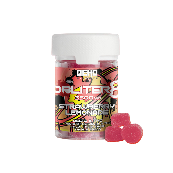 A clear container with a white lid labeled "Ocho Extracts Obliter8 Gummies | 3500g" with red gummy candies displayed in front of it.