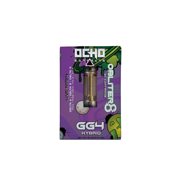 The Ocho Extracts Obliter8 Vape Cartridge provides a substantial 2g net weight, offering enthusiasts a refined experience with its hemp-derived formula. Encased in packaging adorned with green and white illustrations on a purple backdrop, this product from Ocho Extracts makes for an appealing choice.