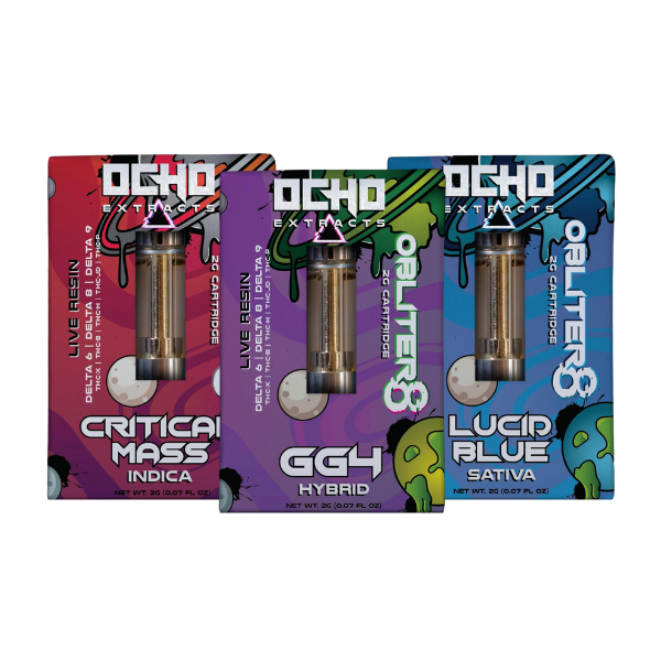 Three packages of the Ocho Extracts Obliter8 Vape Cartridge, each containing 2g of a unique hemp-derived cannabinoid blend from Ocho Extracts, are available in three different strains with vibrant designs: Critical Mass (Indica), GG4 (Hybrid), and Lucid Blue (Sativa).