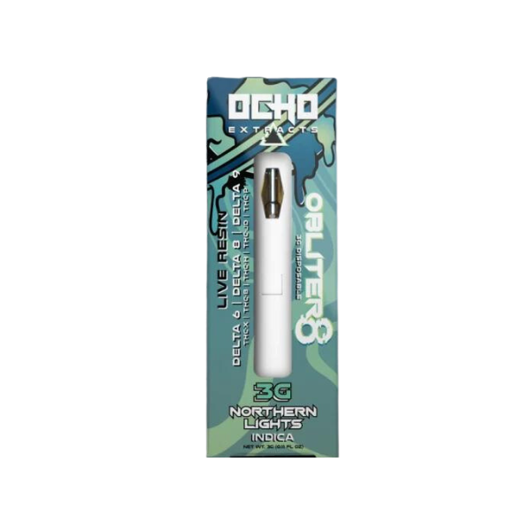 A green and white packaging of Ocho Extracts Obliter8 Disposable | 3g. The label reads "Live Resin," "Northern Lights Indica," and "3G THC-P." The product is shown in its case.