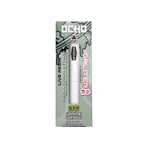 A box labeled "Ocho Extracts" containing an Ocho Extracts Obliter8 Disposable | 3g. The packaging features green and white camouflage design elements, making it a striking addition to any collection.