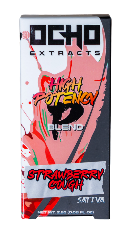 Box of Ocho Extracts P Blend High Potency Disposable, featuring Delta-8 in Strawberry Cough Sativa flavor, net weight 2.2g.