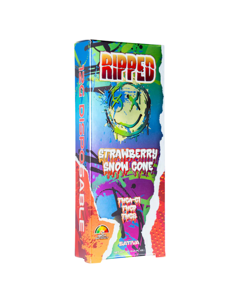 The colorful packaging of the "Ocho Extracts Ripped Disposable | 12g - Strawberry Snow Cone" highlights abstract, graffiti-style designs. It prominently displays the phrases "12G Disposable" and "High-Potency RIPPED blend," marking it as a vibrant product from the Ocho Extracts collection with a sativa twist.