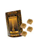 A golden packet labeled "Pressure LA Honcho Gummies 20ct | 16,000mg," featuring mango flavor and infused with Delta 8, displays four square, sugar-coated gummies beside it.