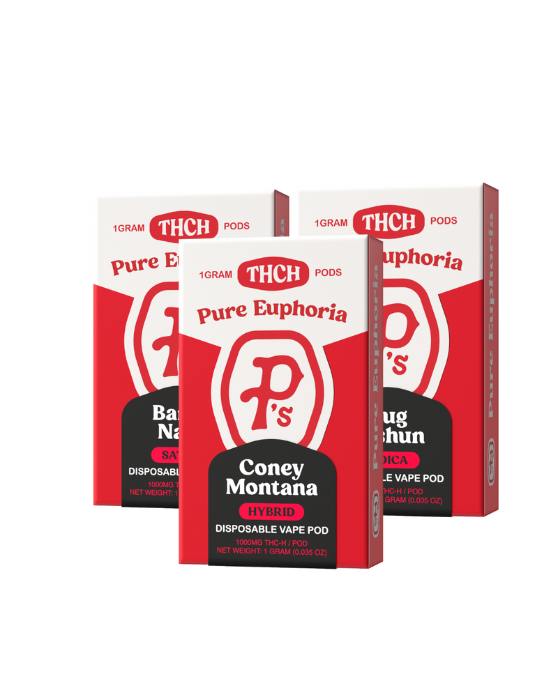 Three boxes of Pushin P's Pure Euphoria Vape Pods, featuring the flavors "Coney Montana," "Banana Runtz," and "Crabby Fzhun," offer 1 gram each of pure euphoria. Ideal for cannabis vaping enthusiasts seeking a unique experience.