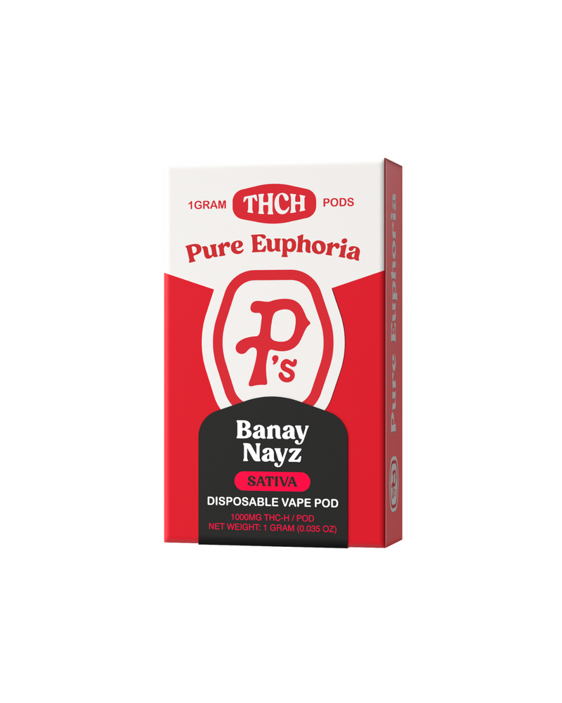 Box of Pushin P's Pure Euphoria Vape Pods by Pushin P's, featuring the Banay Nayz flavor, sativa variety, with 1 gram THC-H content for an exceptional cannabis vaping experience.