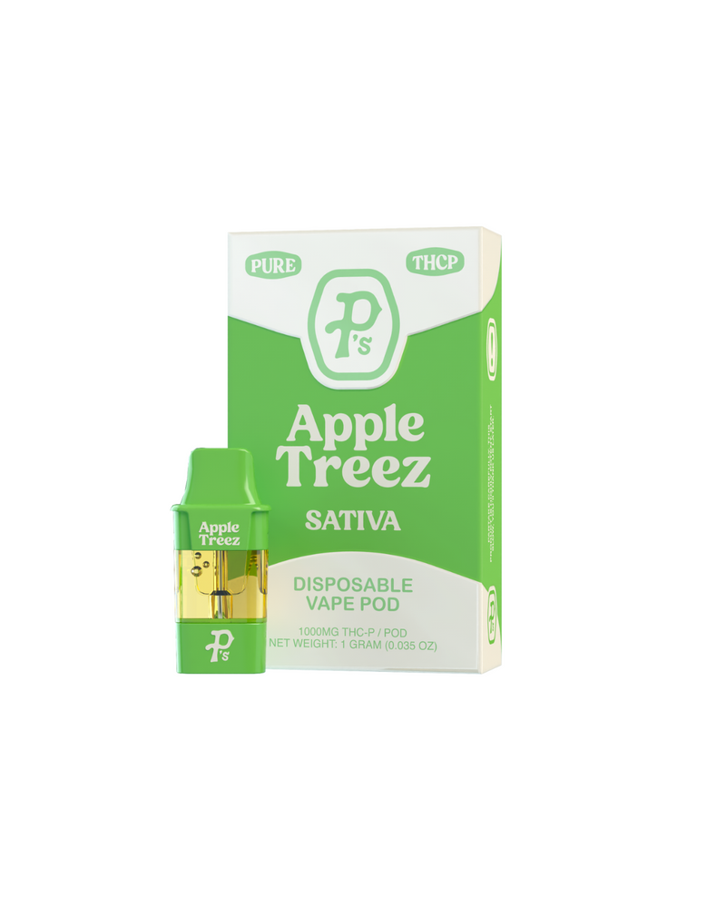 The green and white packaging for Pushin P's Pure THC-P Pods, identified as "Sativa," prominently displays the THC and THCP logos. These pods from Pushin P's offer 1000MG of THC-P in each cartridge.