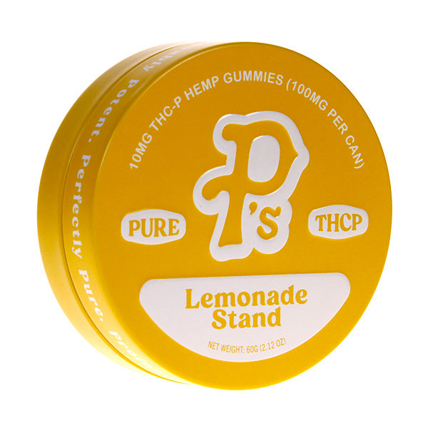 A yellow container labeled "Lemonade Stand" features Pushin Ps Pure THC-P Gummies | 10ct with 10mg THC-P hemp extract. The packaging highlights "Pure" and "THCP," boasting a net weight of 60g (2.12 oz).