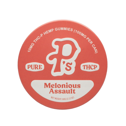 Red and white circular tin labeled "Pushin P's Pushin Ps Pure THC-P Gummies | 10ct," containing Pure THC-P Gummies, 100mg per can, net weight 60g (2.12 oz). These cannabis edibles provide a potent experience in every bite.