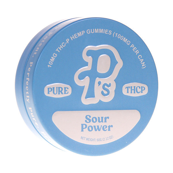 Round blue tin container labeled "Pushin P's Pure THC-P Gummies | 10ct" and "Sour Power," containing 10mg THC-P per gummy and a net weight of 60g (2.12 oz).