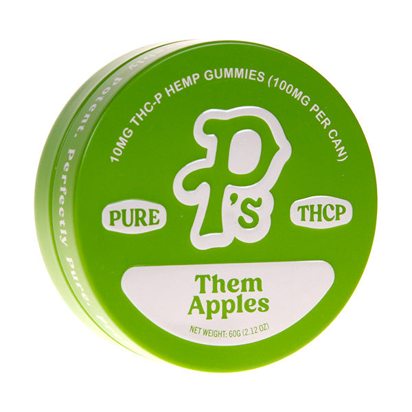 Green tin container labeled "Pushin Ps Pure THC-P Gummies | 10ct" with 10mg THC-P per gummy and 100mg per can. The flavor is noted as "Them Apples," and the net weight is 60g (2.12 oz). Perfect for those who enjoy cannabis edibles, these Pushin P's THC-P Gummies deliver purity in every bite.