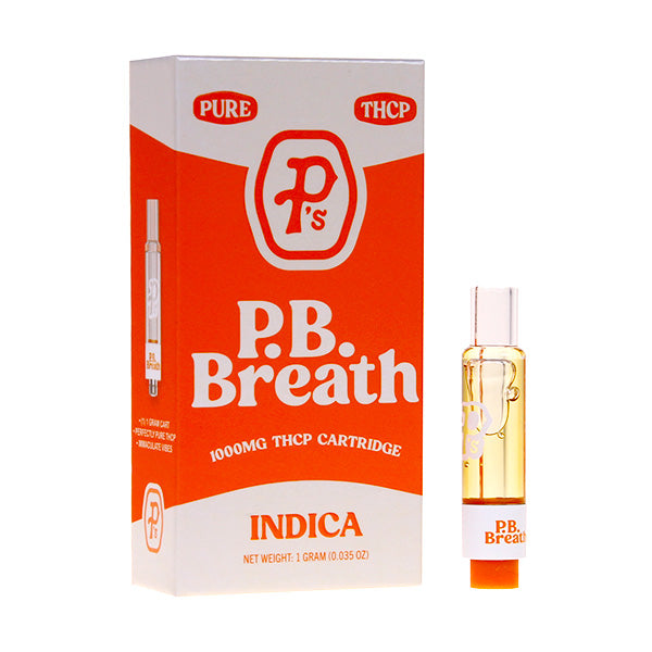 A box labeled "Pushin Ps Pure THC-P Vape Cartridges | 1g" showcases an Indica strain with a Pure THC-P cartridge of 1000mg next to a small clear oil cartridge. The vibrant orange and white packaging highlights "Pure" and "THCP," making it stand out among THC-P Vape Cartridges like Pushin P's.