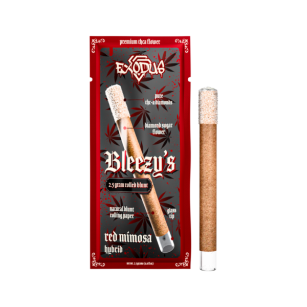 Packaging for a pre-rolled blunt from Exodus brand, named "Bleezy's THC-A Blunt," is labeled as a 2.5 gram hybrid with a "red mimosa" flavor, enhanced with Diamond Sugar for an elevated experience and increased THC content.