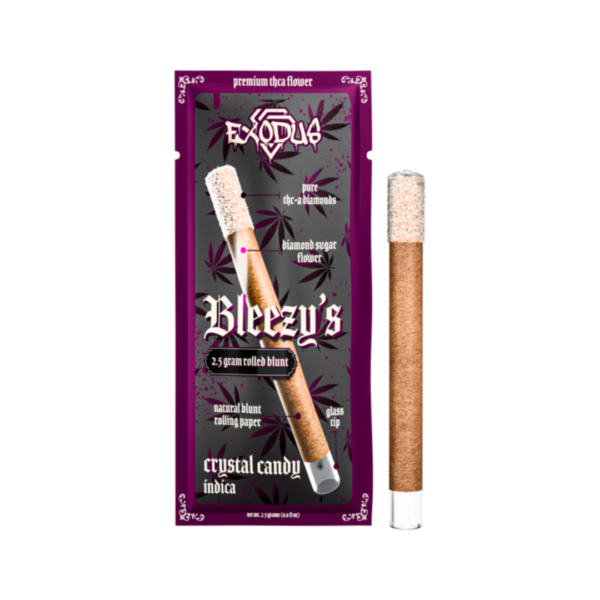 The packaging is purple, featuring a rolled blunt labeled "Exodus Bleezy's," combining "crystal candy" and "indica." The branding emphasizes the premium blend of diamond sugar with THC-A flower, showcasing a substantial 2.5 grams with high THC content.