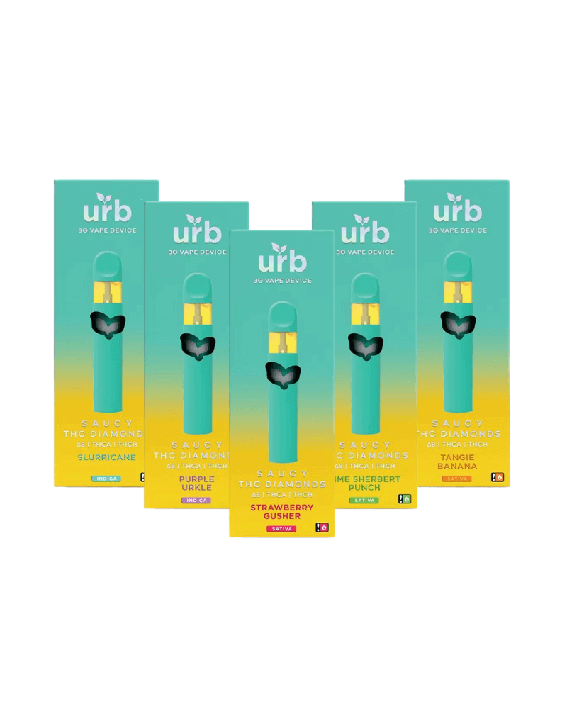 Five URB Saucy THC Diamonds Disposable 3g devices from Urb in different flavors are displayed in their packaging: Blue Sluricane, Purple Urkle, Strawberry Gusher, Tangie Banana, and Mimosa Sherbert Punch. These Delta 8 vapes offer a unique twist with the inclusion of THC Diamonds, enhancing your vaping experience.