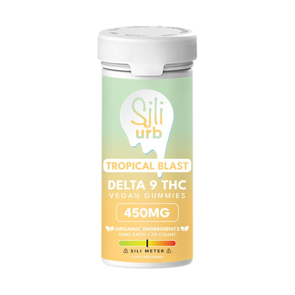 A cylindrical container labeled "Sili x Urb Delta 9 THC Gummies | 450mg," containing 450mg of THC, 15mg each per gummy, with 30 gummies in total. The label indicates organic ingredients.