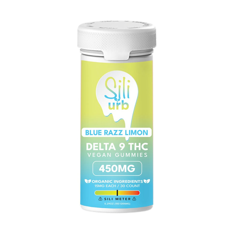 A white bottle labeled "Sili x Urb Delta 9 THC Gummies | 450mg" contains 450mg total with 15mg per gummy, offering 30 delicious, organic gummies per bottle.