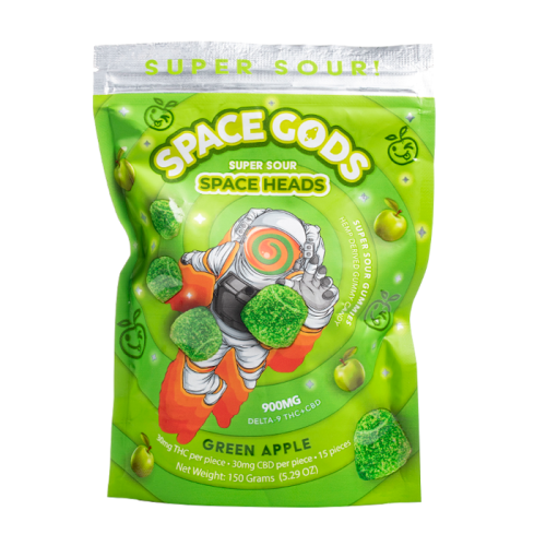 A green package of "Space Gods Super Sour Space Heads Gummies," flavored green apple, featuring an astronaut image and the text "900mg" and "Delta 9 THC + CBD." Net weight: 150 grams (5.29 oz).