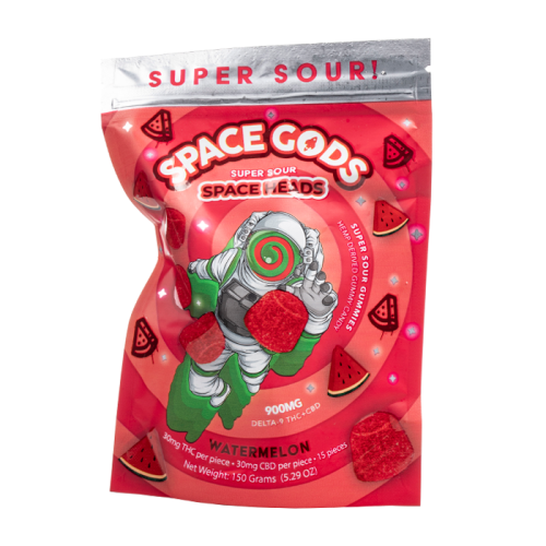 A red package of Space Gods Space Gods Super Sour Space Heads Gummies | 900mg, Watermelon flavor, featuring an astronaut holding a candy. The package states it contains 900mg of Delta 8 THC and weighs 150 grams.