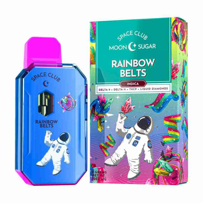 Colorful packaging and device for a product called "Space Club Disposable Vape Moon Sugar | 3g," featuring an astronaut graphic and vibrant design elements. Includes Delta 9, Delta 11, THCP, and Liquid Diamonds. Part of the Space Gods collection.