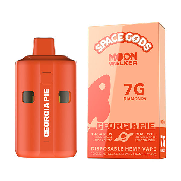 Image shows a red "Space Gods Moon Walker Disposable | 7g" hemp vape device next to its packaging, labeled "Space Gods." The packaging highlights a potent blend of 7 grams of THCA liquid diamonds and Delta 8 THC, featuring dual coil technology and USB-C charging.