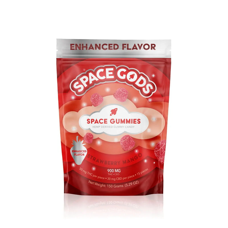 A red and white package labeled "Space Gods Mega Dose Gummies | 900mg" with strawberry mango flavor, enhanced flavor, 900 mg, hemp-derived Mega Dose Gummies candy, 150 grams (5.29 oz).