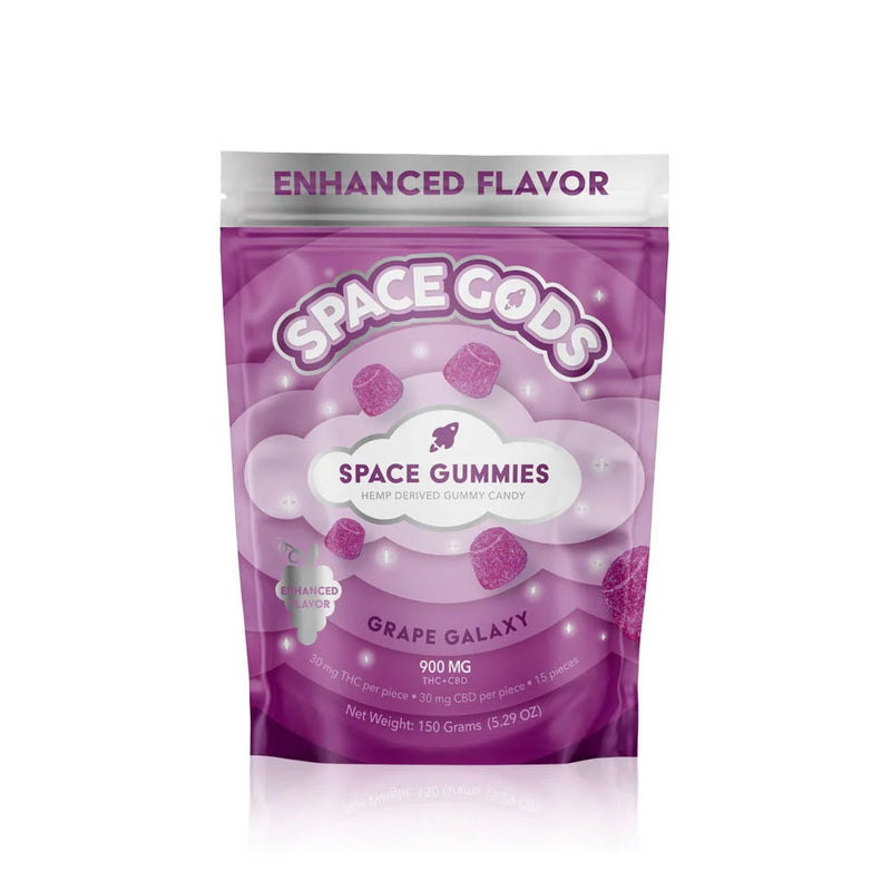 A package of Space Gods Mega Dose Gummies | 900mg, dubbed "Grape Galaxy," features a striking purple bag containing 900 mg of hemp-derived Mega Dose Gummies. Net weight is 150 grams (5.29 oz).