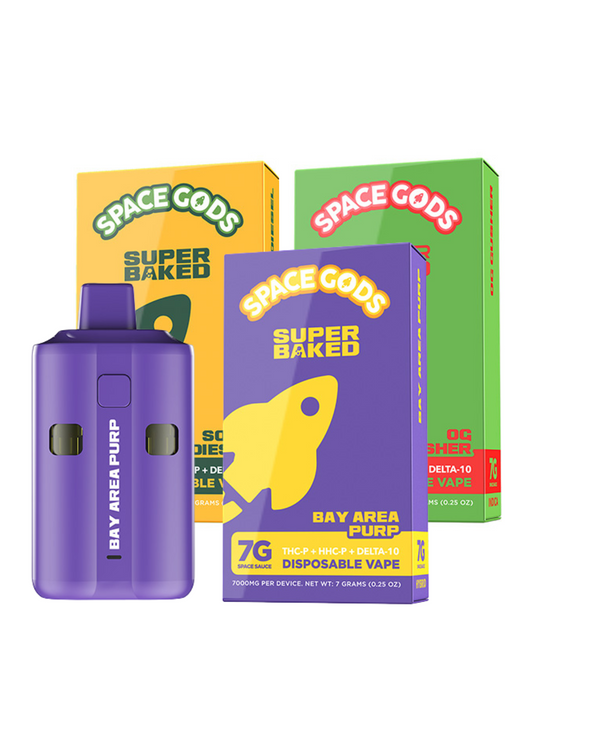 The vibrant Space Gods Super Baked Disposable | 7g packaging features a striking purple vape device in the foreground. The boxes are prominently branded with "Super Baked" and display flavors like Bay Area Purp and OG Kush Berry, now enhanced with THC-P for an elevated experience.