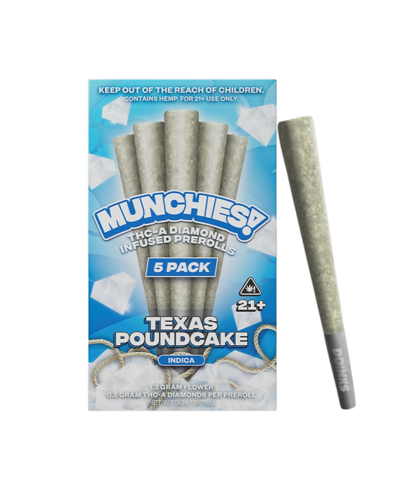 Package containing five "Delta Munchies THC-A Diamond Infused Prerolls | 5pk" labeled "Texas Poundcake," with one preroll displayed outside the box. Crafted from premium quality American hemp, this product is for ages 21 and up.