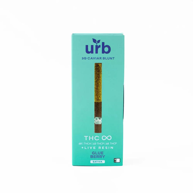 Teal and yellow packaging for a 3g THC Infinity Caviar Blunt with live resin, labeled "Glue Berry Sativa" by Urb.