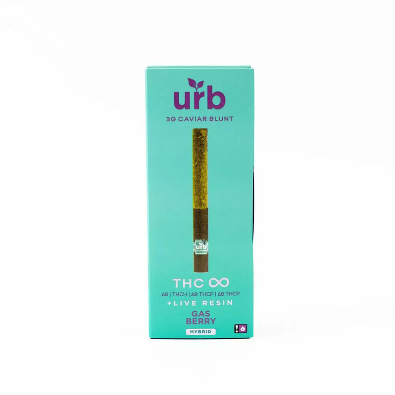 A teal package of an Urb 3g THC Infinity Caviar Blunt, featuring live resin details and a hybrid strain with a gas and berry flavor profile.