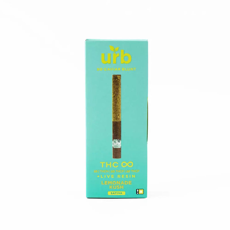 A teal box branded "Urb" and titled "Urb 3g THC Infinity Caviar Blunt" contains a rolled cannabis product enhanced with Live Resin. The package proudly displays the text "THC Infinity" along with "Lemonade Kush Sativa," emphasizing its high-end quality.